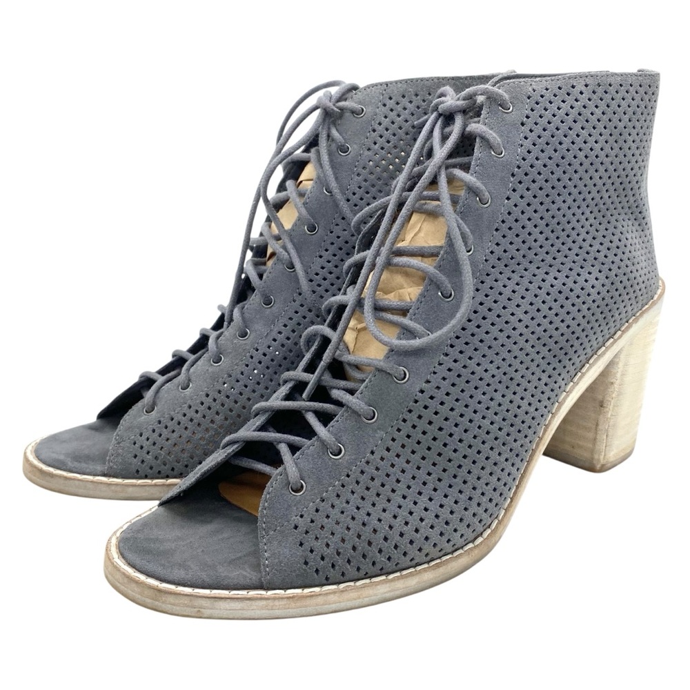 Dolce Vita More Gray Perforated Suede Leather Heeled Sandals Peep Toe Lace Up
